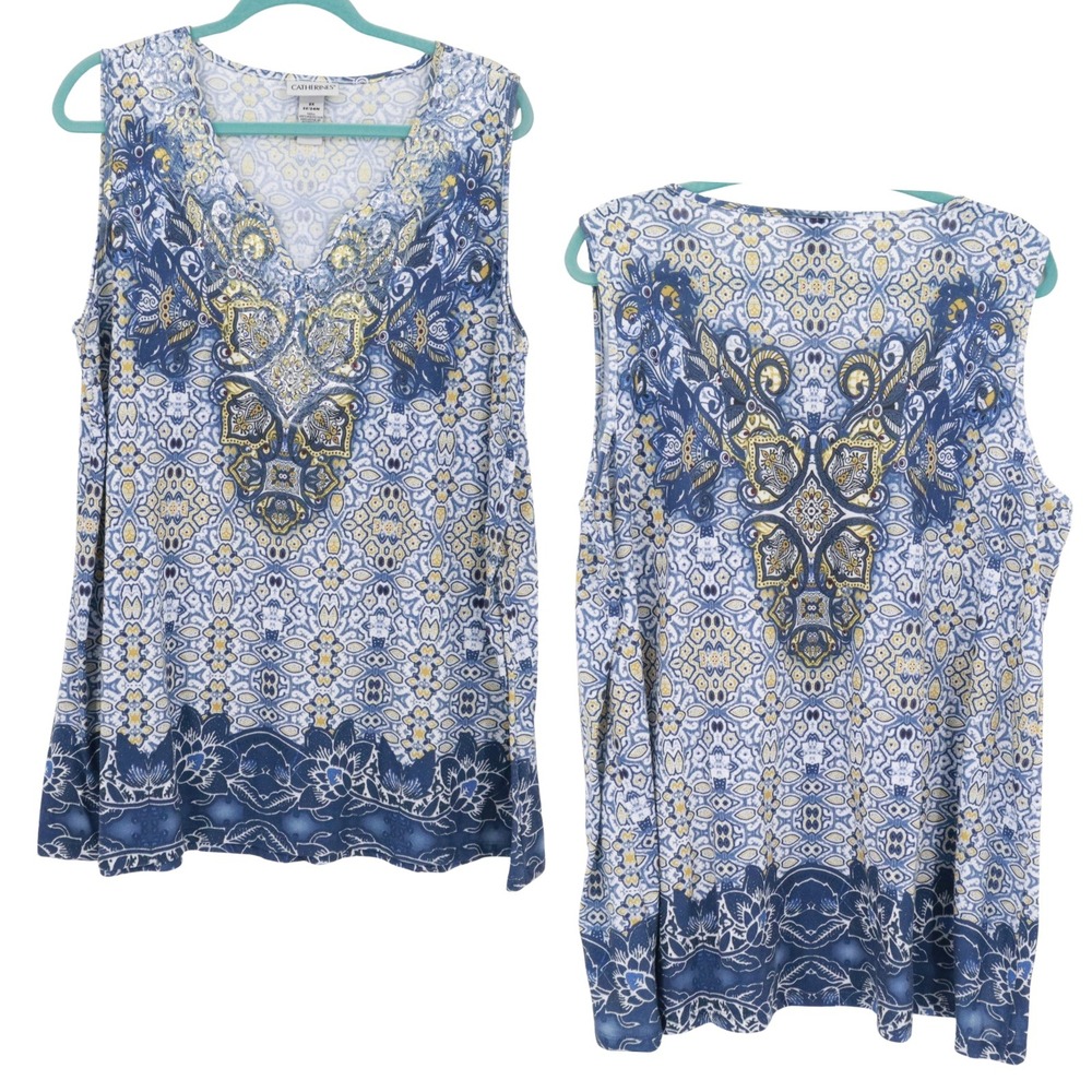 Catherines Paisley Embellished Tank Top‎ Womens 2X/22W/24W Blue Boho Bohemian